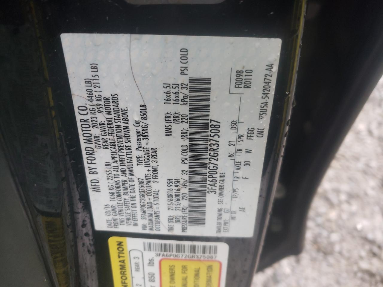 Photo 10 from auction – 2016 FORD FUSION S with VIN 3FA6P0G72GR375087