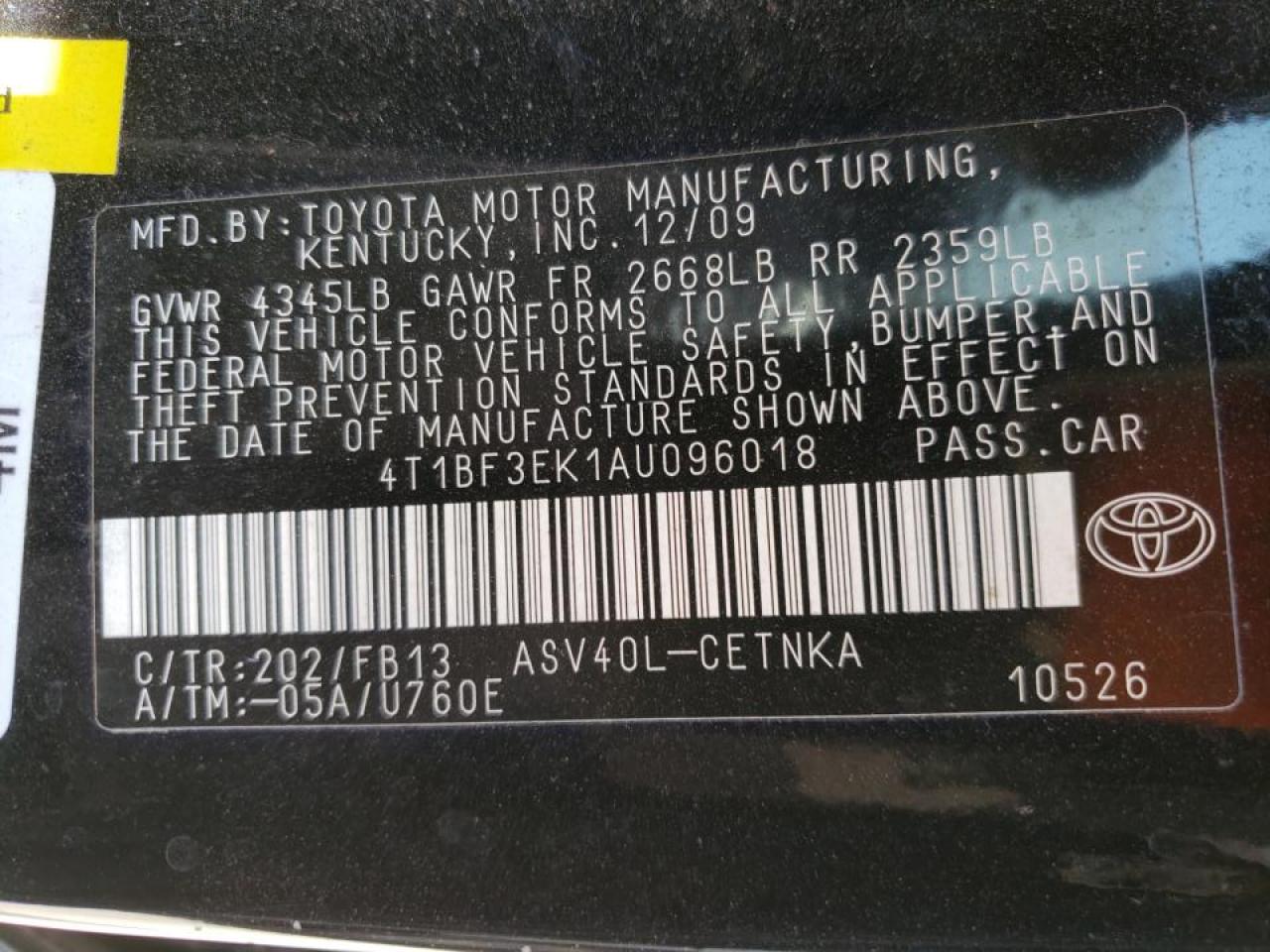 Photo 10 from auction – 2010 TOYOTA CAMRY BASE with VIN 4T1BF3EK1AU096018