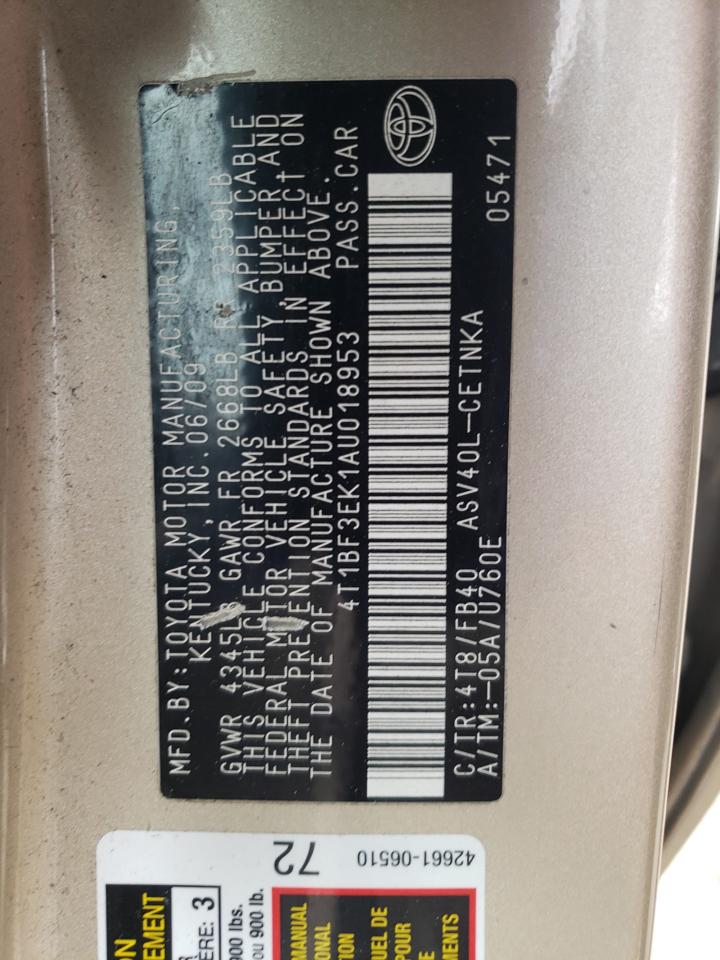 Photo 10 from auction – 2010 TOYOTA CAMRY BASE with VIN 4T1BF3EK1AU018953