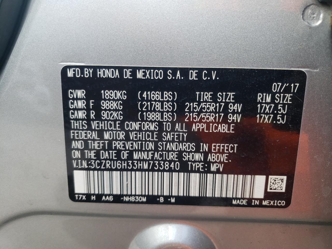 Photo 10 from auction – 2017 HONDA HR-V LX with VIN 3CZRU6H33HM733840