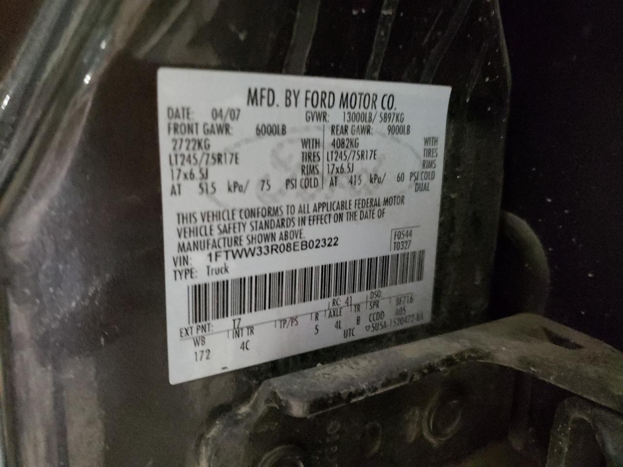 Photo 10 from auction – 2008 FORD F350 SUPER with VIN 1FTWW33R08EB02322