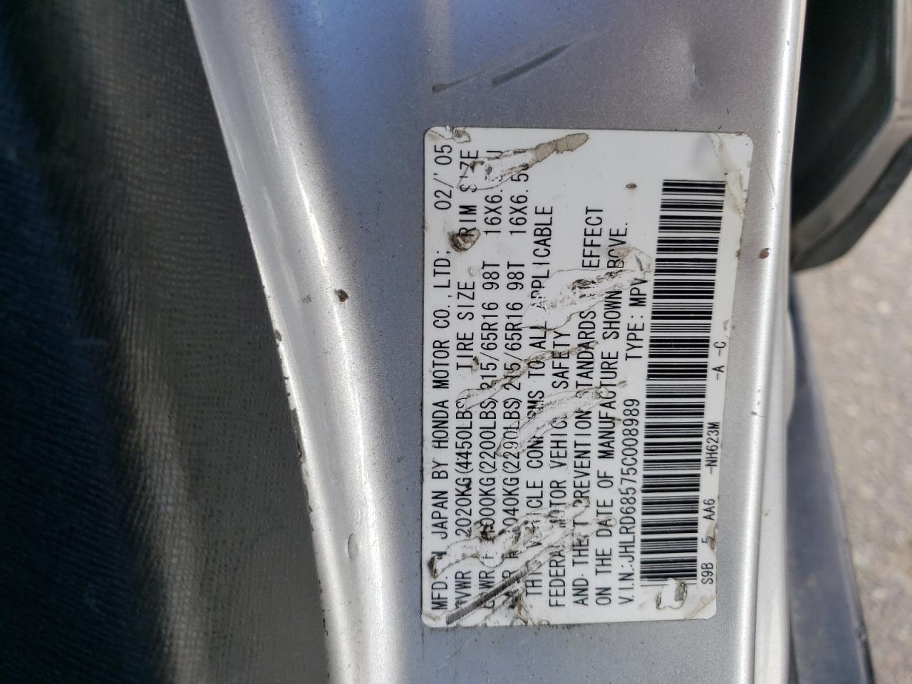 Photo 10 from auction – 2005 HONDA CR-V LX with VIN JHLRD68575C008989