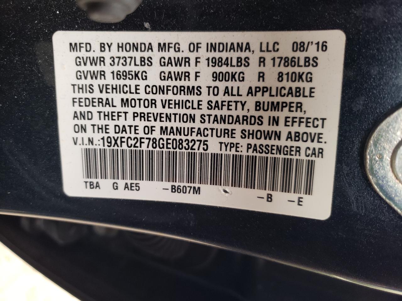 Photo 10 from auction – 2016 HONDA CIVIC with VIN 19XFC2F78GE083275