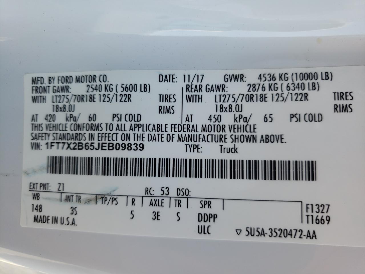 Photo 10 from auction – 2018 FORD F250 SUPER with VIN 1FT7X2B65JEB09839