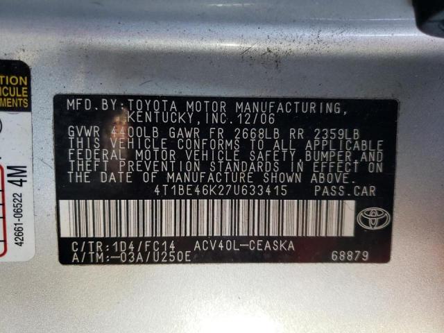 Photo 10 from auction – 2007 TOYOTA CAMRY CE with VIN 4T1BE46K27U633415