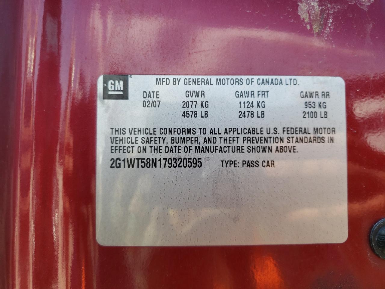 Photo 10 from auction – 2007 CHEVROLET IMPALA LT with VIN 2G1WT58N179320595