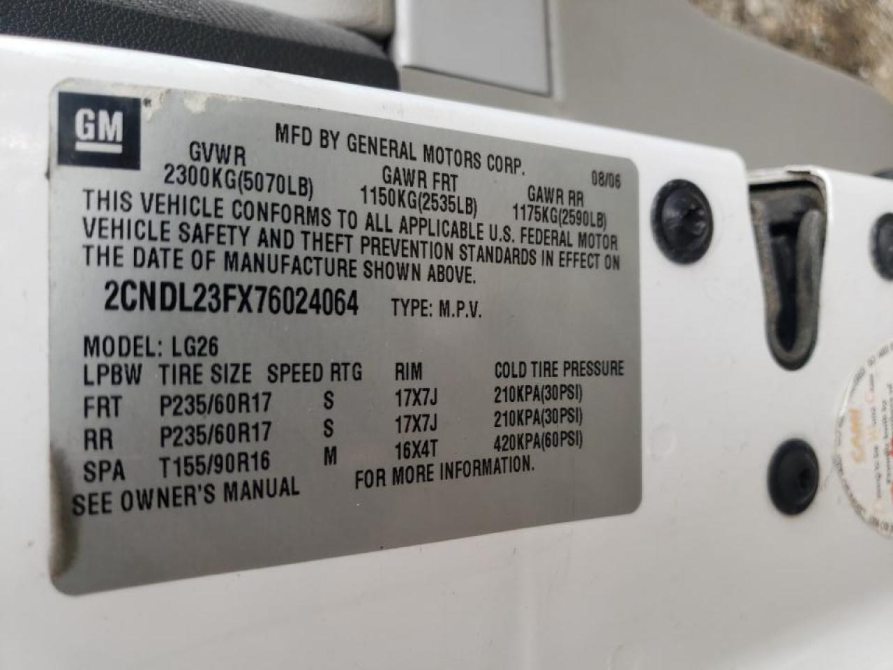 Photo 10 from auction – 2007 CHEVROLET EQUINOX LS with VIN 2CNDL23FX76024064