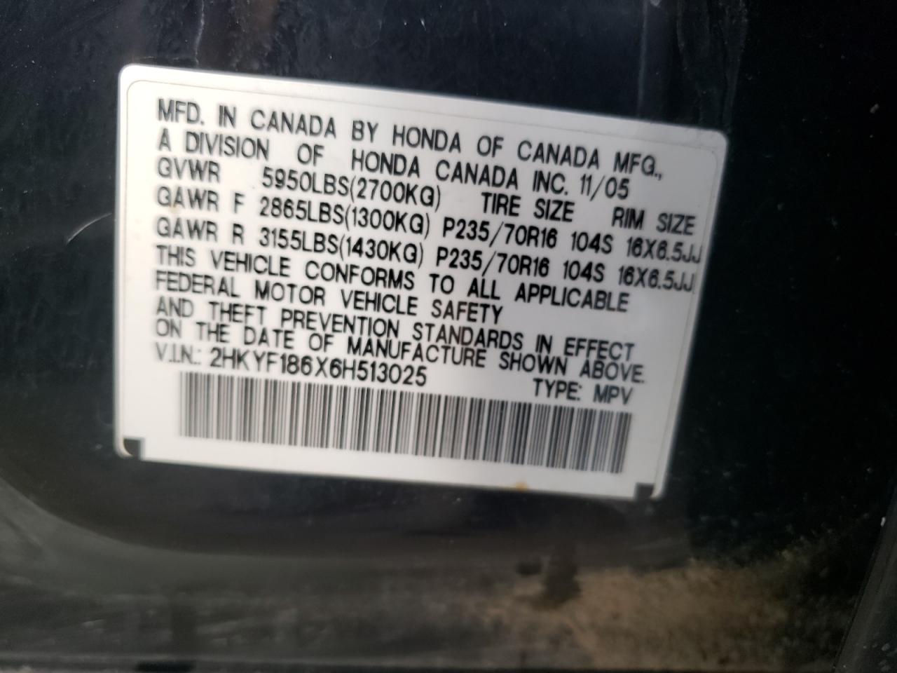 Photo 10 from auction – 2006 HONDA PILOT EX with VIN 2HKYF186X6H513025