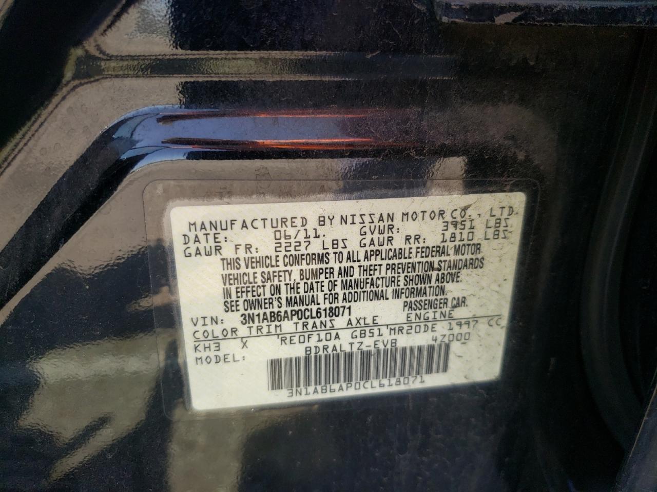 Photo 10 from auction – 2012 NISSAN SENTRA 2.0 with VIN 3N1AB6AP0CL618071