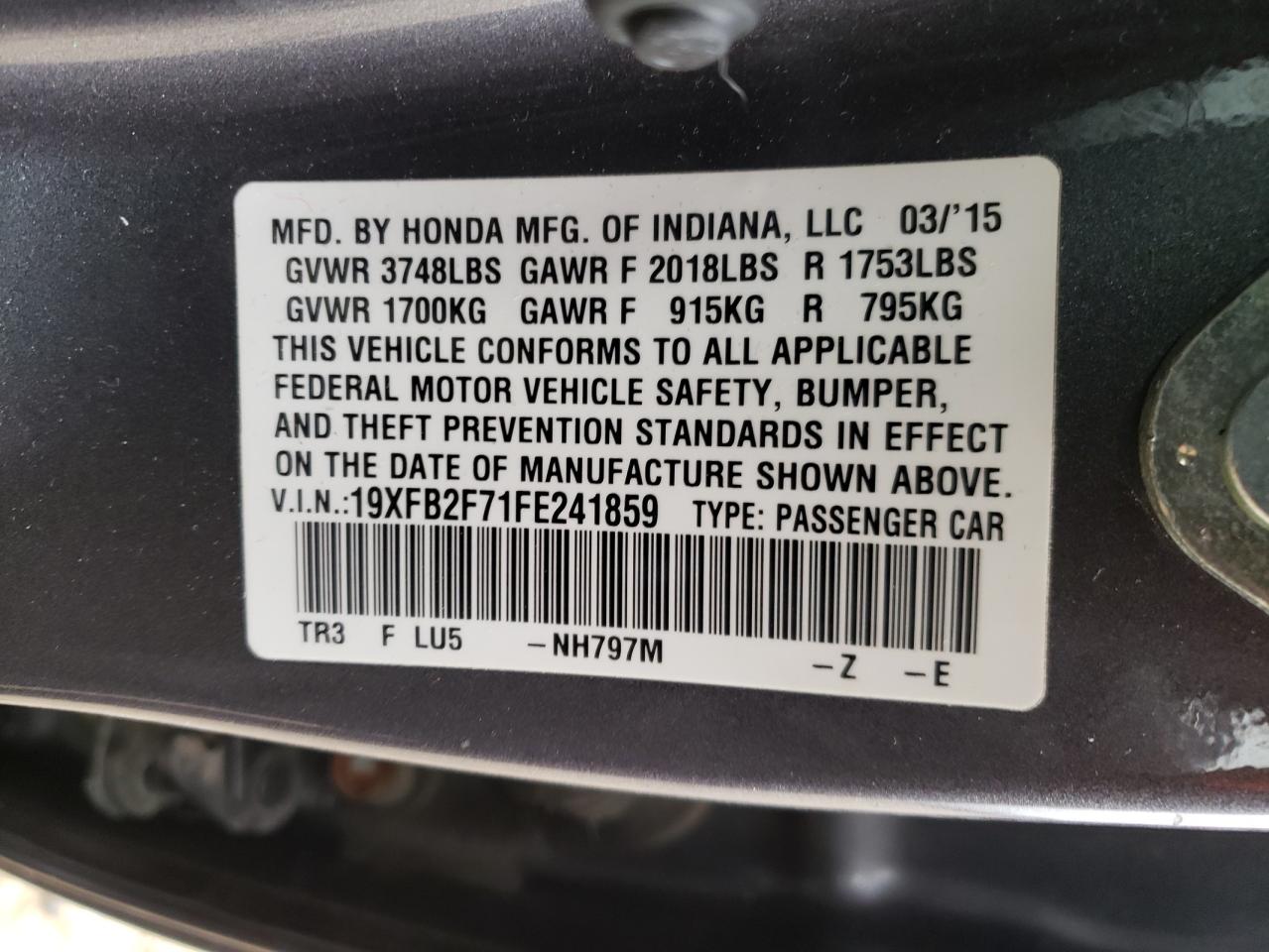 Photo 10 from auction – 2015 HONDA CIVIC SE with VIN 19XFB2F71FE241859