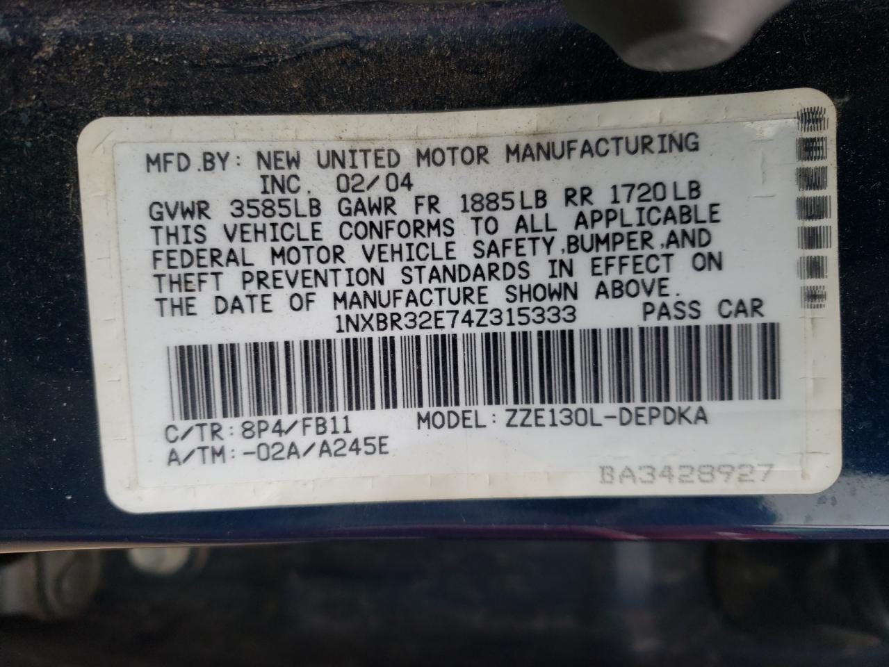 Photo 10 from auction – 2004 TOYOTA COROLLA with VIN 1NXBR32E74Z315333