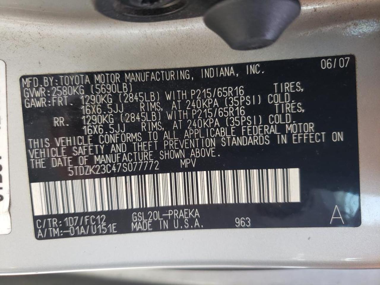 Photo 10 from auction – 2007 TOYOTA SIENNA CE with VIN 5TDZK23C47S077772