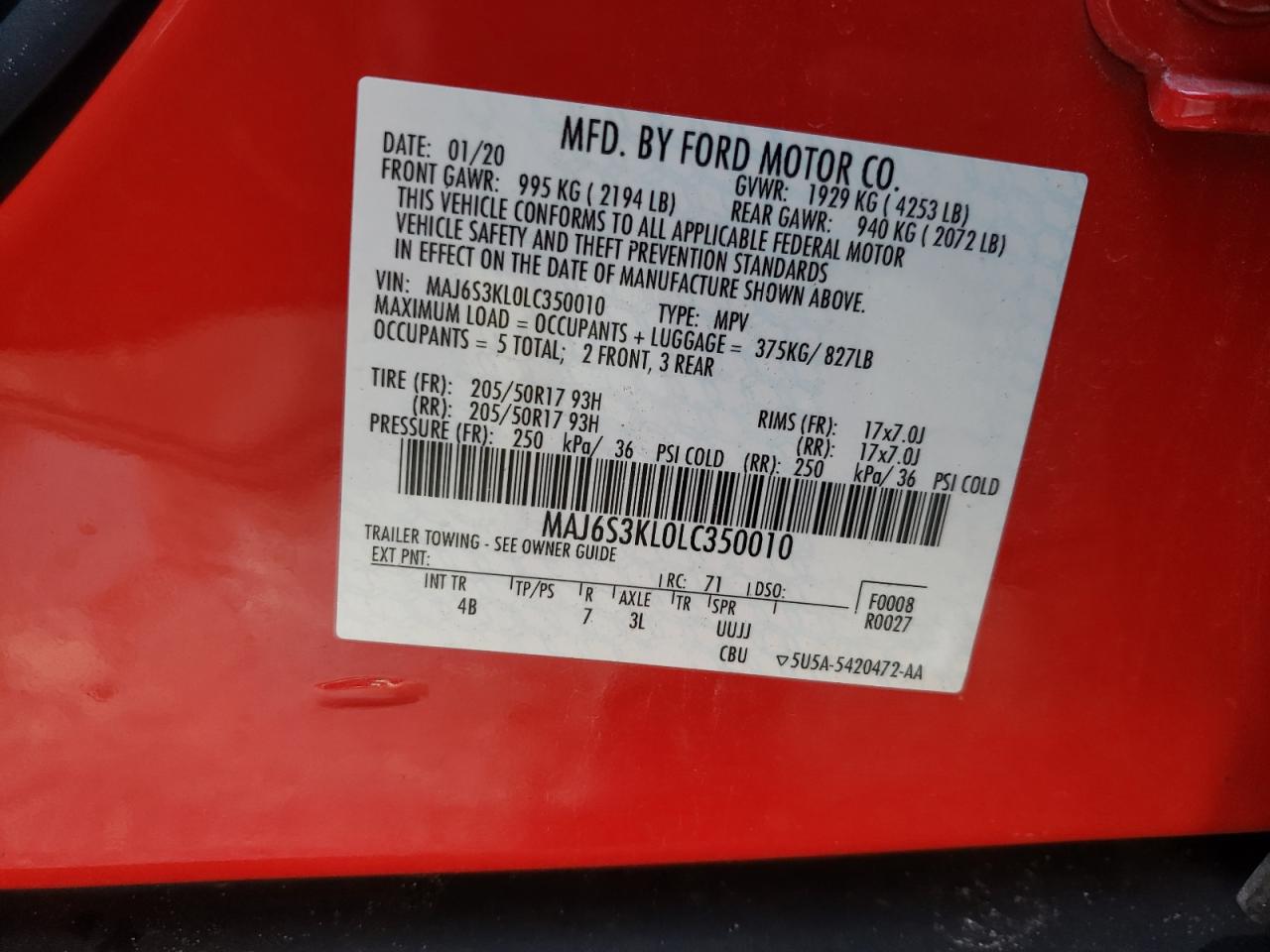 Photo 10 from auction – 2020 FORD ECOSPORT T with VIN MAJ6S3KL0LC350010