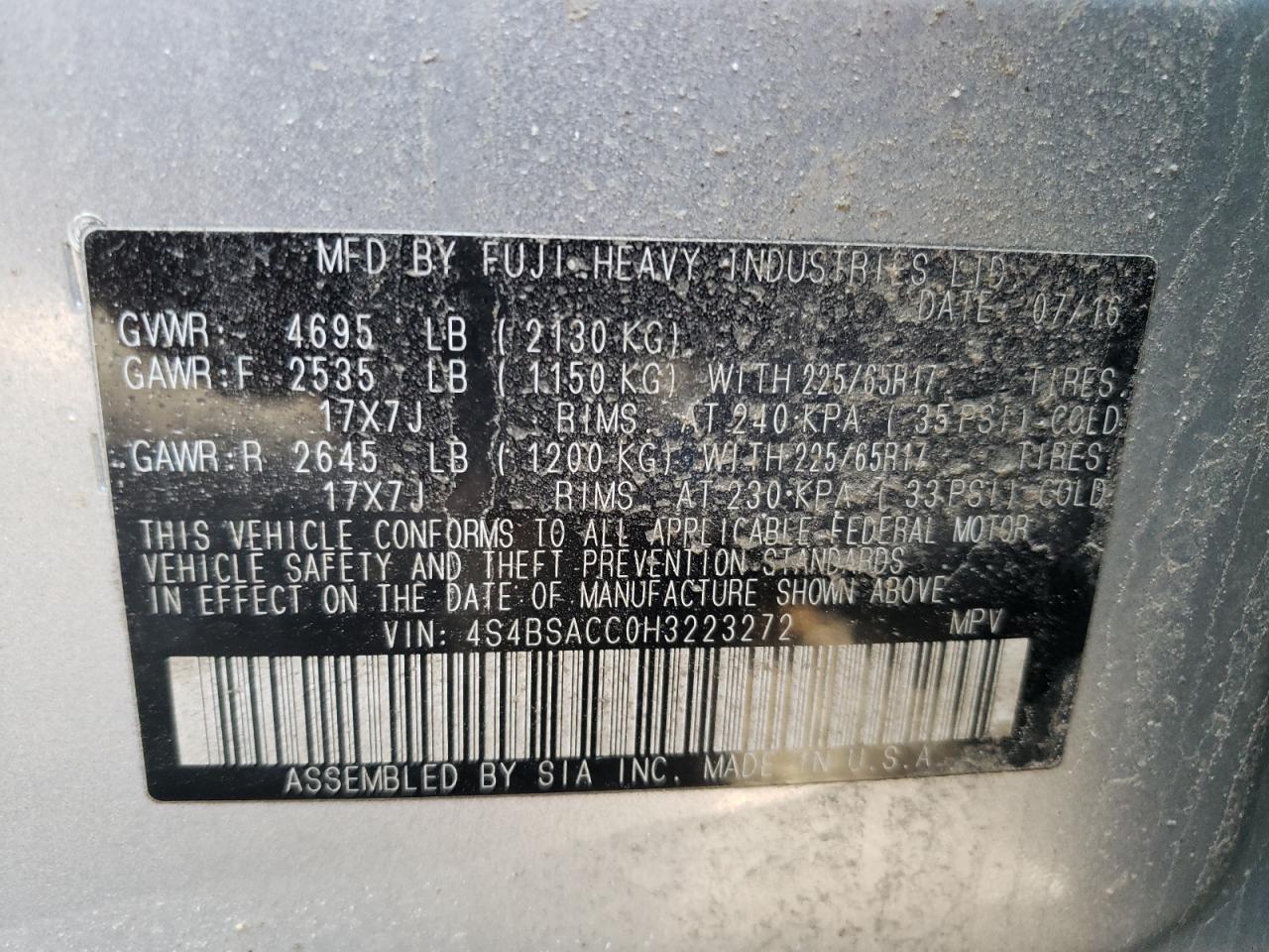 Photo 10 from auction – 2017 SUBARU OUTBACK 2. with VIN 4S4BSACC0H3223272