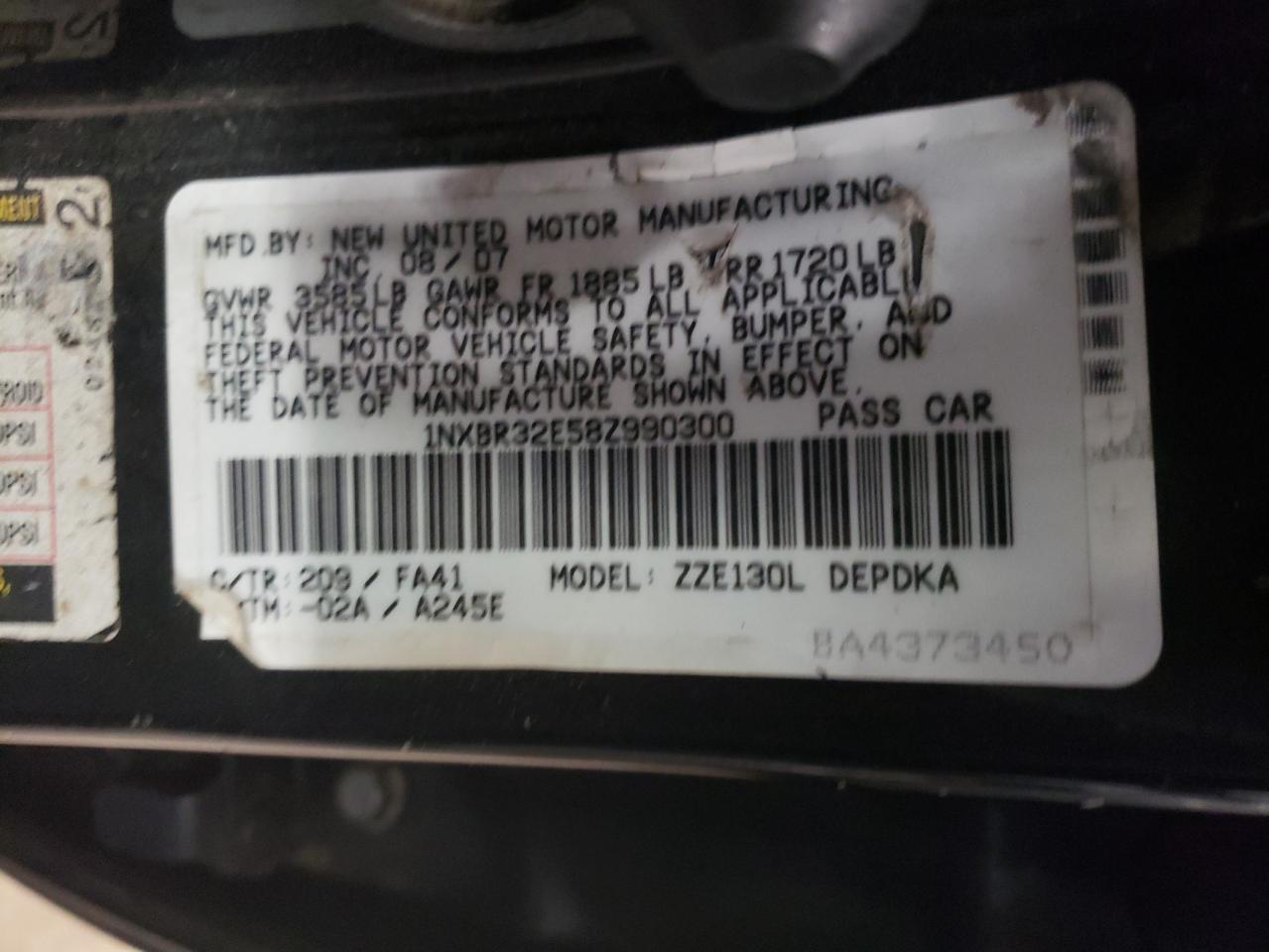 Photo 10 from auction – 2008 TOYOTA COROLLA with VIN 1NXBR32E58Z990300