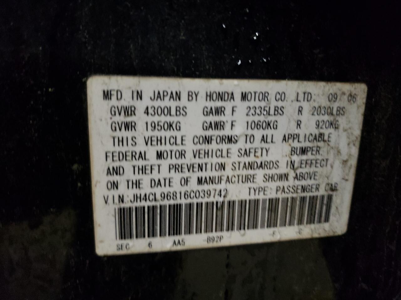 Photo 10 from auction – 2006 ACURA TSX with VIN JH4CL96816C039742