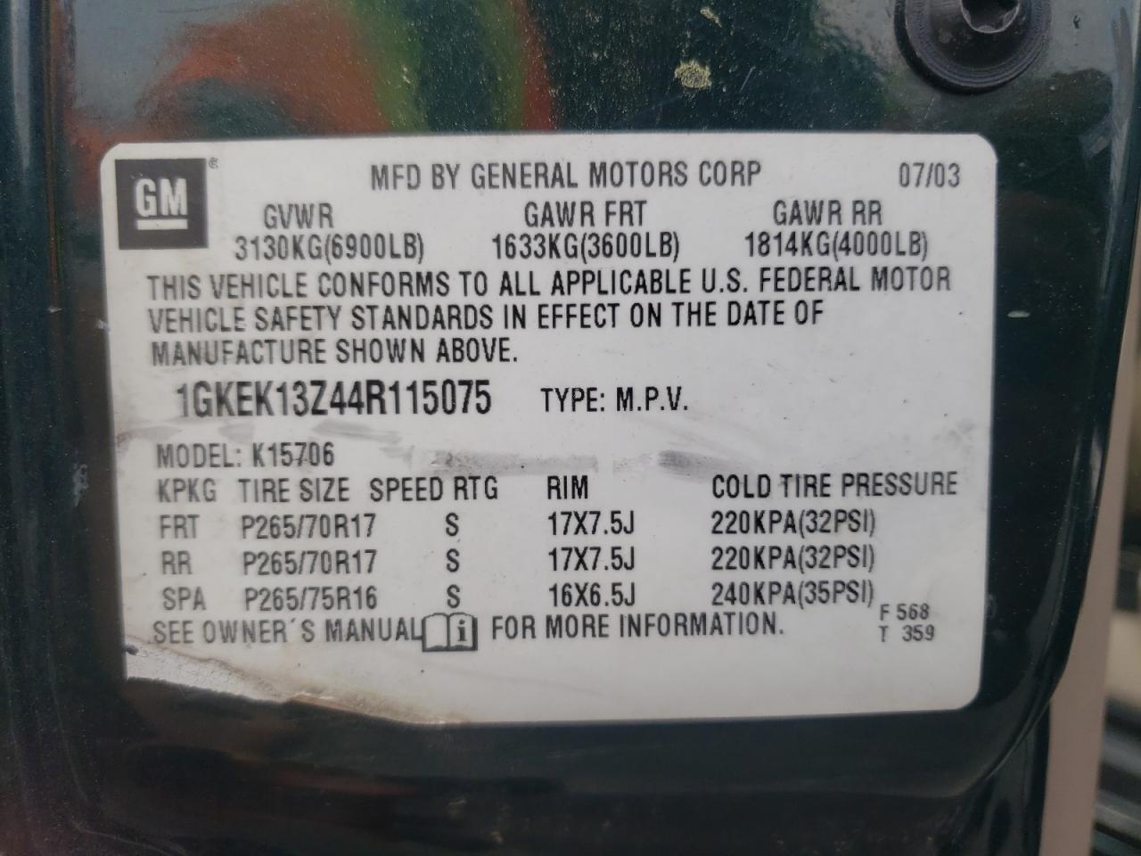 Photo 10 from auction – 2004 GMC YUKON with VIN 1GKEK13Z44R115075
