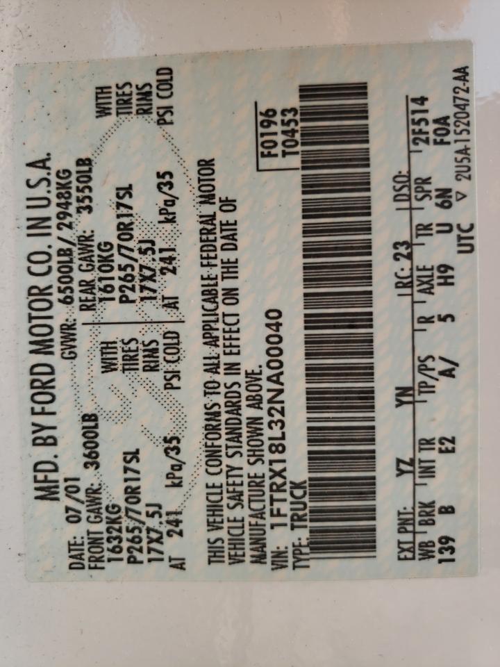 Zdjęcie 10 z aukcji – 2002 FORD F150 z VIN 1FTRX18L32NA00040