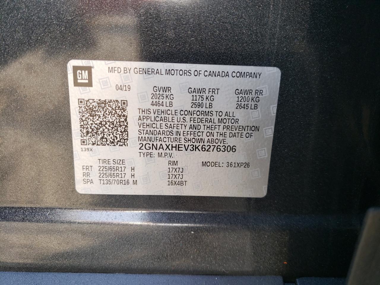 Photo 10 from auction – 2019 CHEVROLET EQUINOX LS with VIN 2GNAXHEV3K6276306