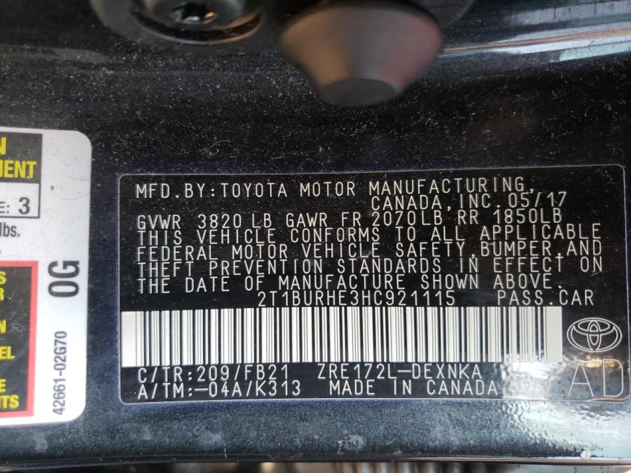 Photo 10 from auction – 2017 TOYOTA COROLLA with VIN 2T1BURHE3HC921115