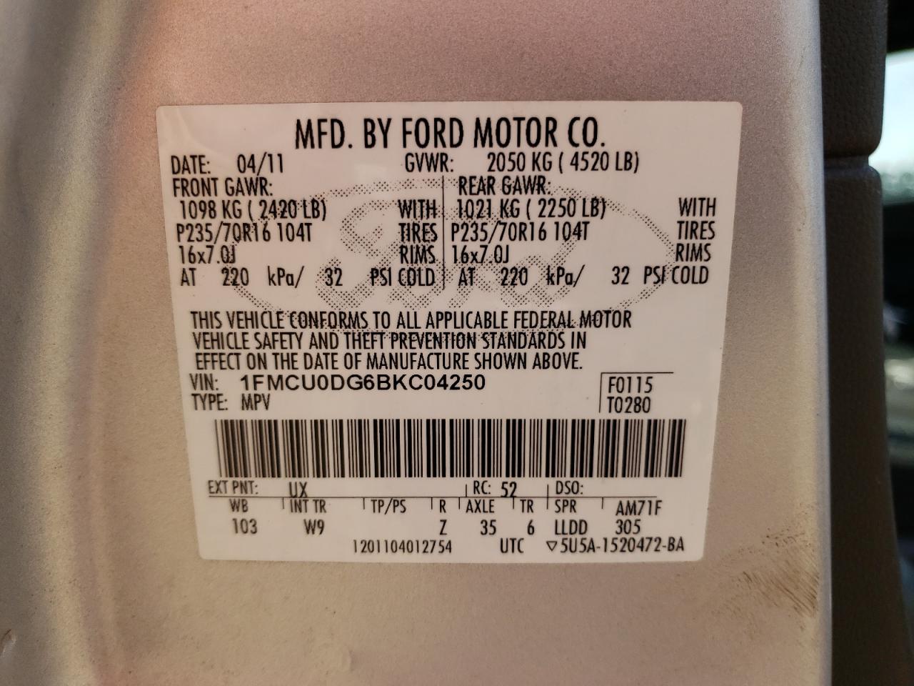 Photo 10 from auction – 2011 FORD ESCAPE HEV with VIN 1FMCU0DG6BKC04250