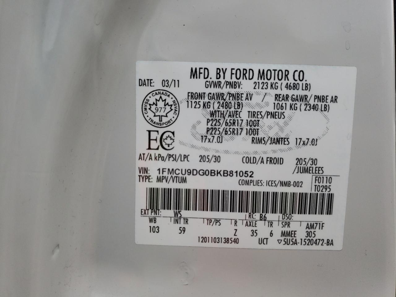 Photo 10 from auction – 2011 FORD ESCAPE XLT with VIN 1FMCU9DG0BKB81052