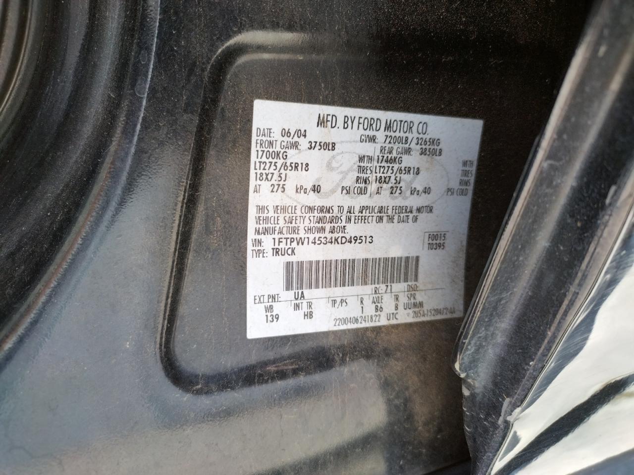 Photo 10 from auction – 2004 FORD F150 SUPER with VIN 1FTPW14534KD49513
