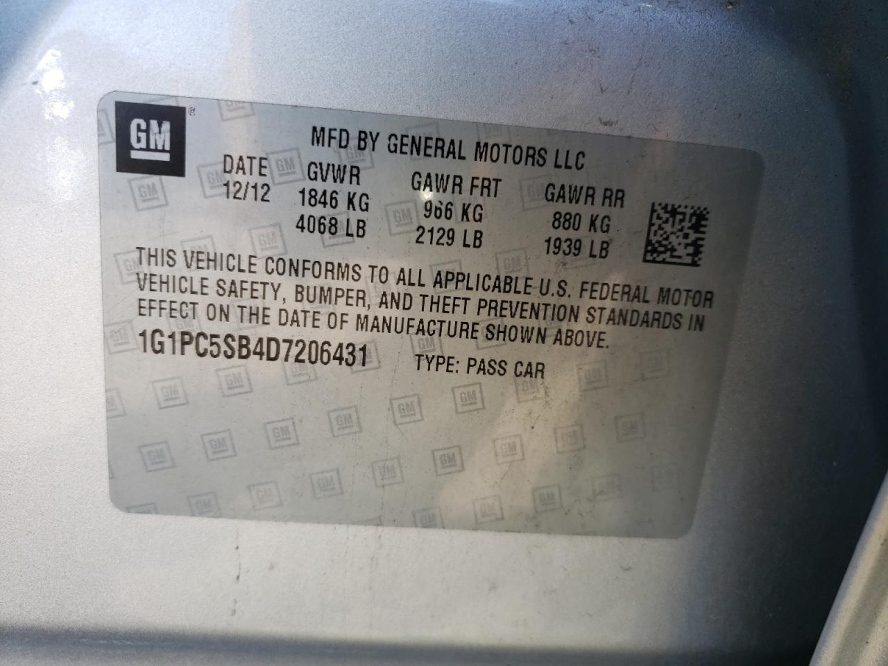 Photo 10 from auction – 2013 CHEVROLET CRUZE LT with VIN 1G1PC5SB4D7206431