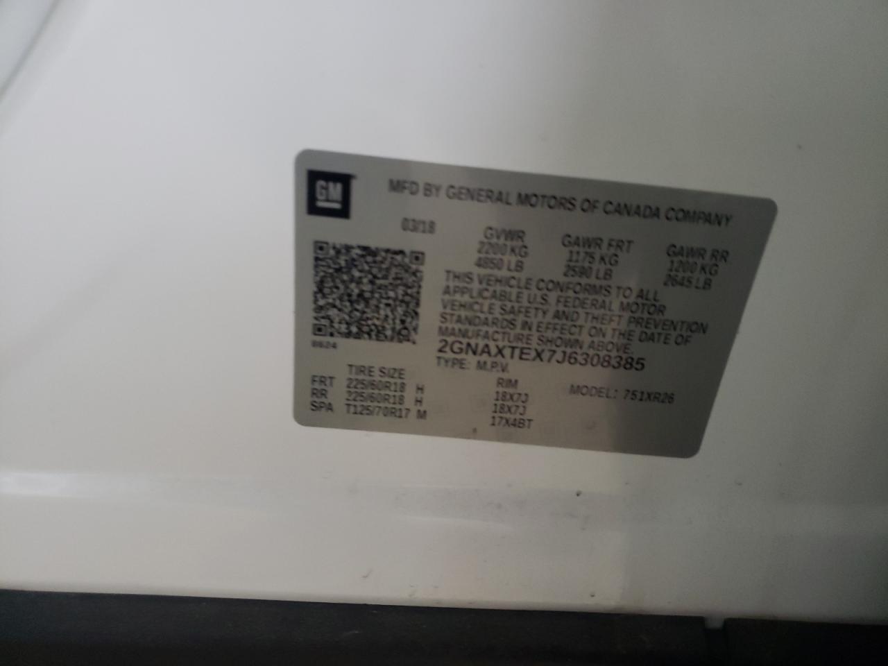 Photo 10 from auction – 2018 CHEVROLET EQUINOX LT with VIN 2GNAXTEX7J6308385