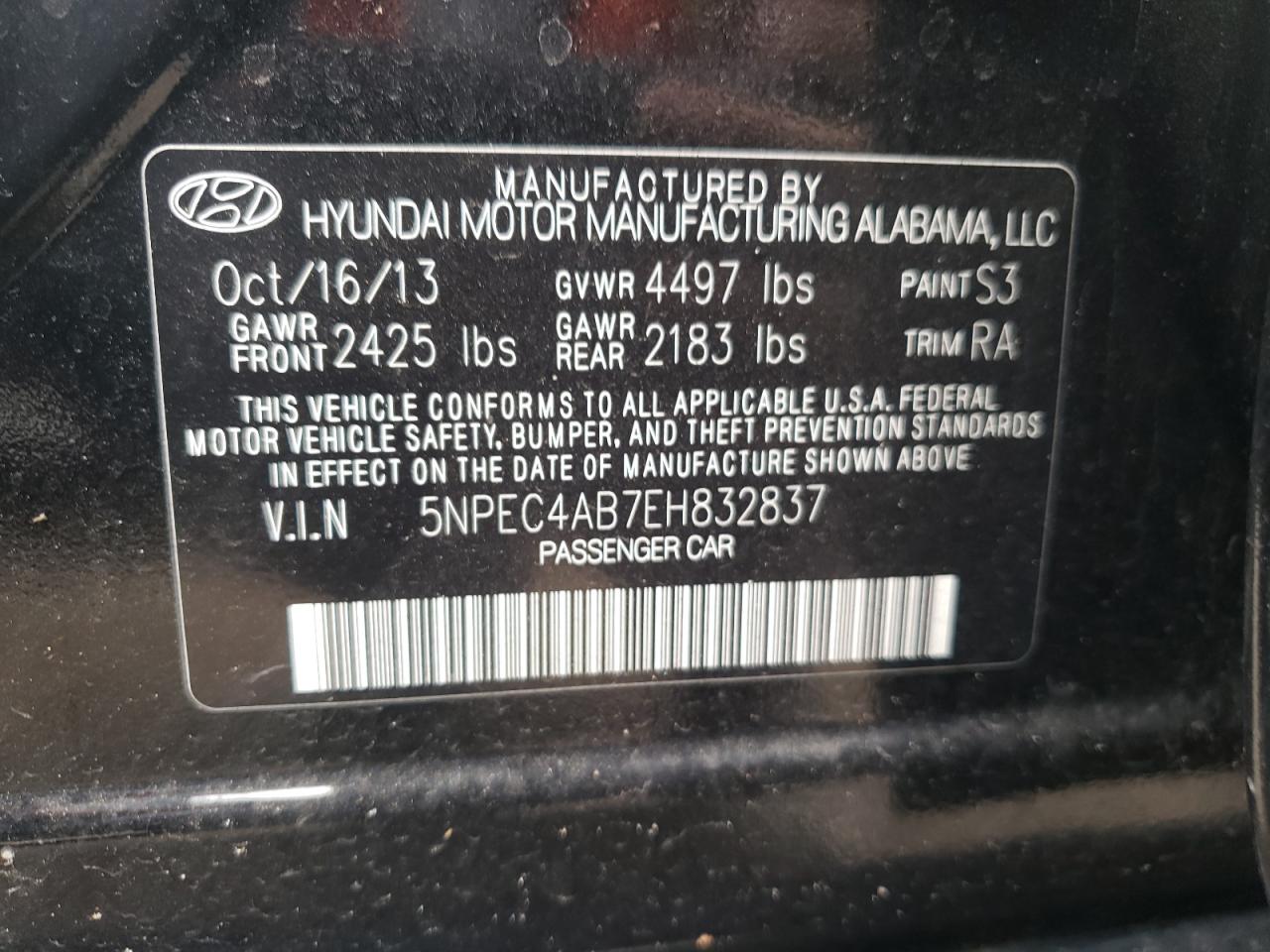 Photo 10 from auction – 2014 HYUNDAI SONATA SE with VIN 5NPEC4AB7EH832837