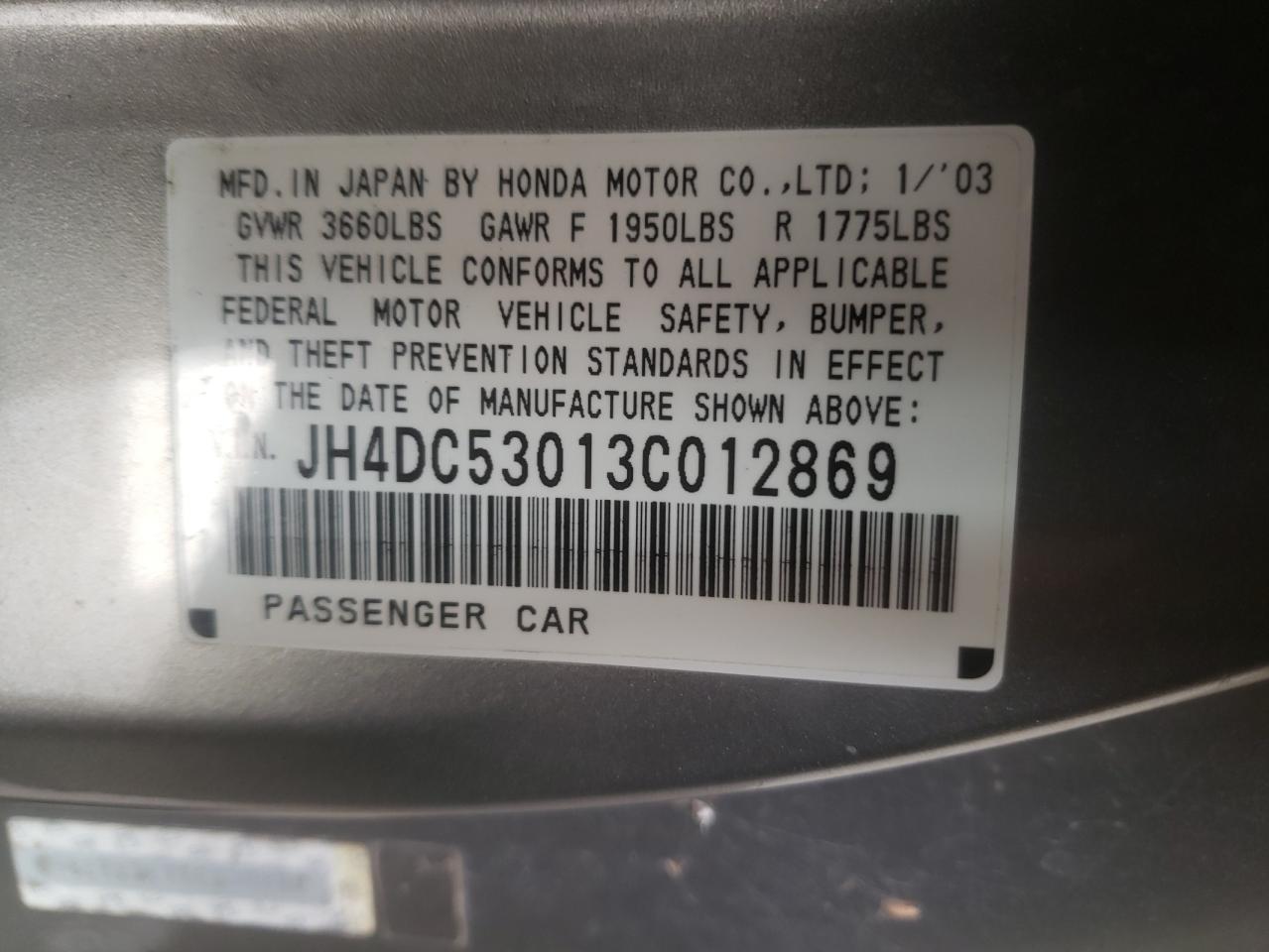 Photo 10 from auction – 2003 ACURA RSX TYPE-S with VIN JH4DC53013C012869