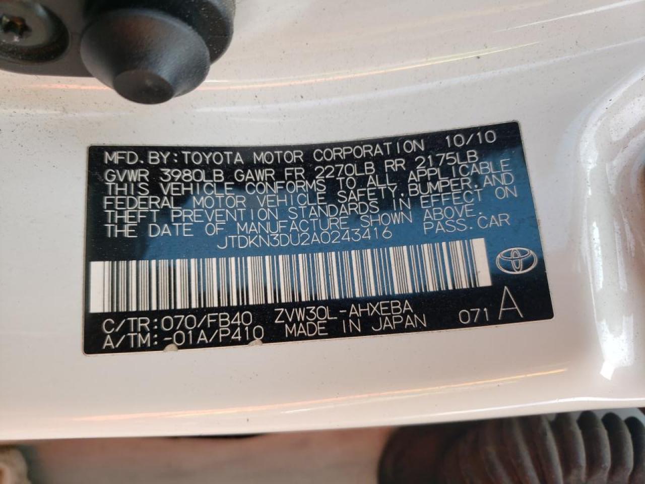 Photo 10 from auction – 2010 TOYOTA PRIUS with VIN JTDKN3DU2A0243416