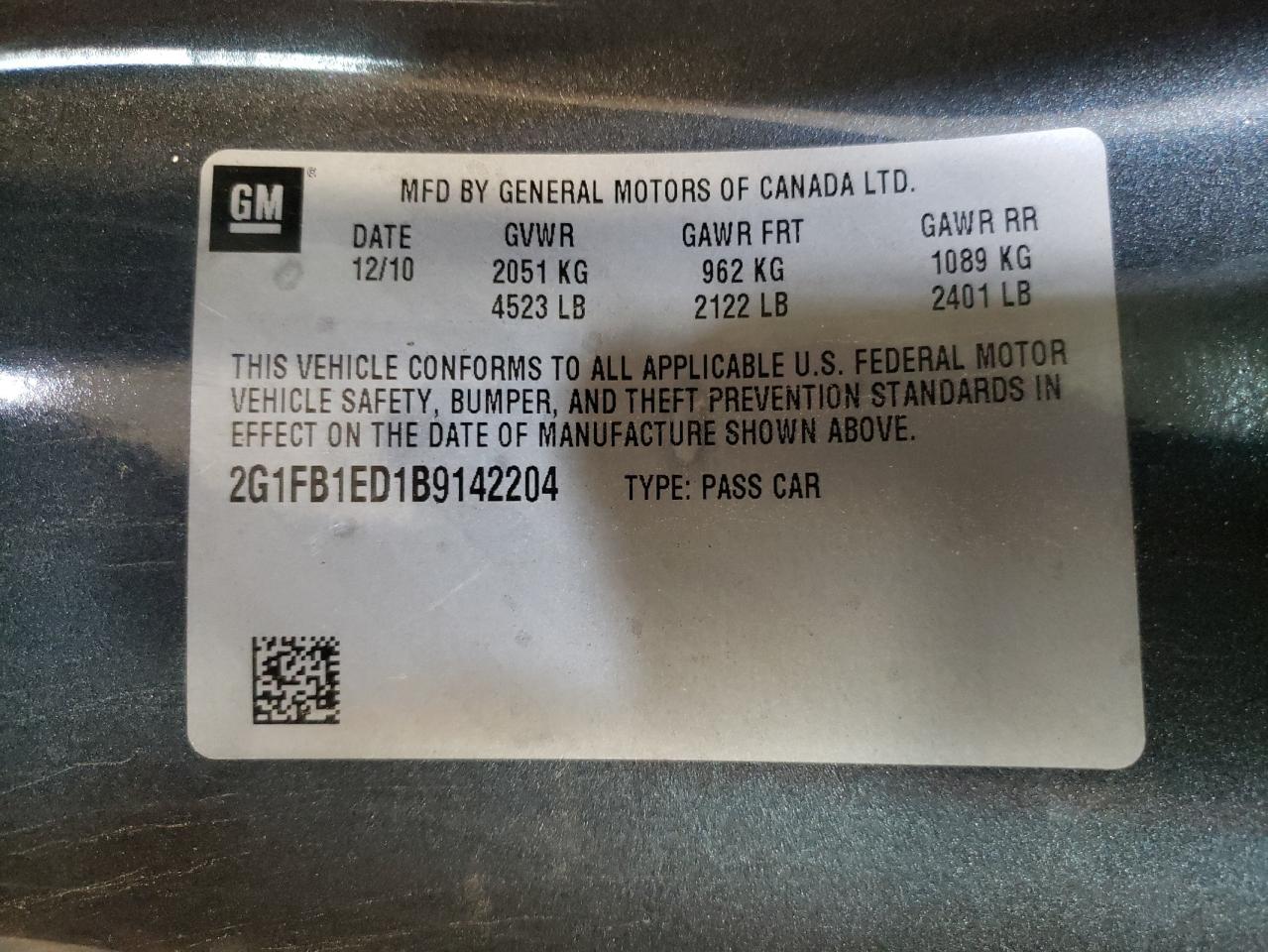 Photo 10 from auction – 2011 CHEVROLET CAMARO LT with VIN 2G1FB1ED1B9142204