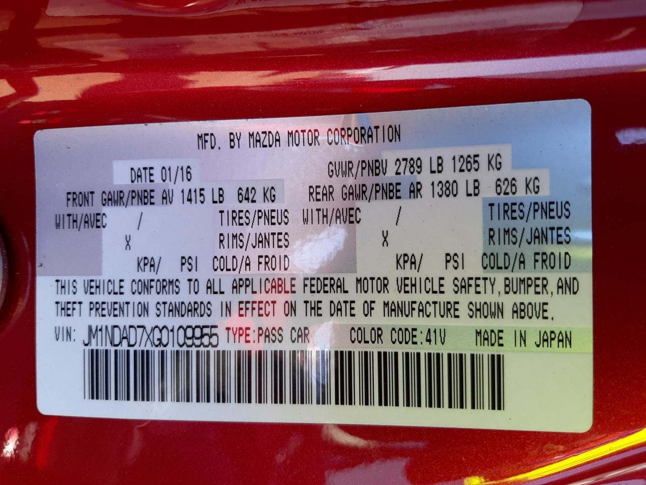 Photo 10 from auction – 2016 MAZDA MX-5 MIATA with VIN JM1NDAD7XG0109955