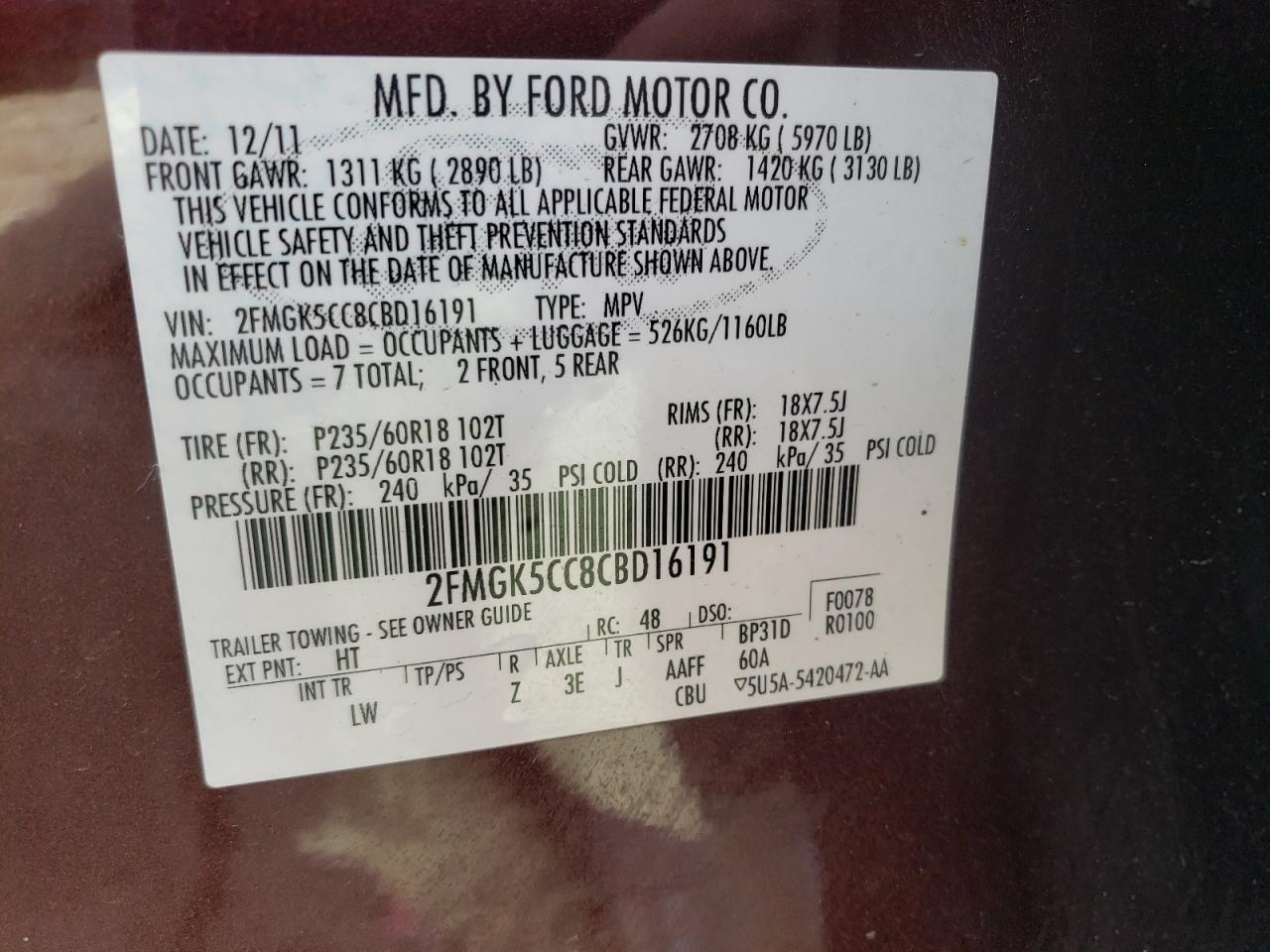 Photo 10 from auction – 2012 FORD FLEX SEL with VIN 2FMGK5CC8CBD16191