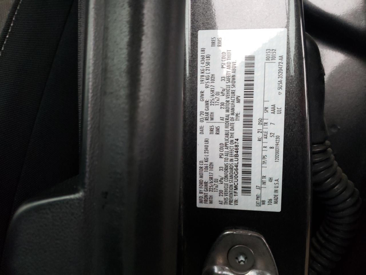Photo 10 from auction – 2020 FORD ESCAPE SE with VIN 1FMCU0G64LUB46874