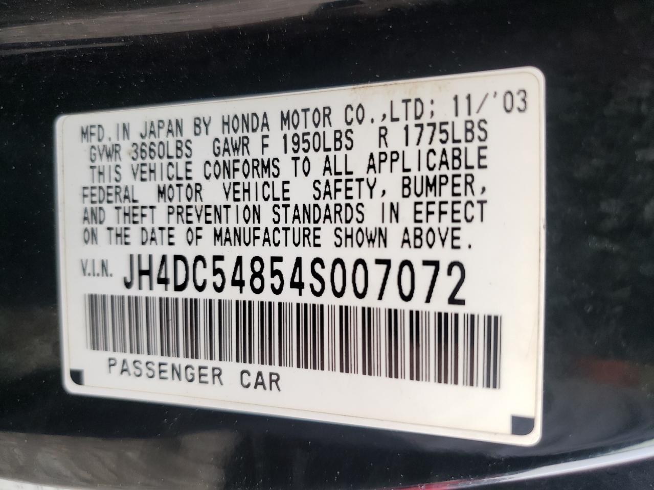 Photo 10 from auction – 2004 ACURA RSX with VIN JH4DC54854S007072