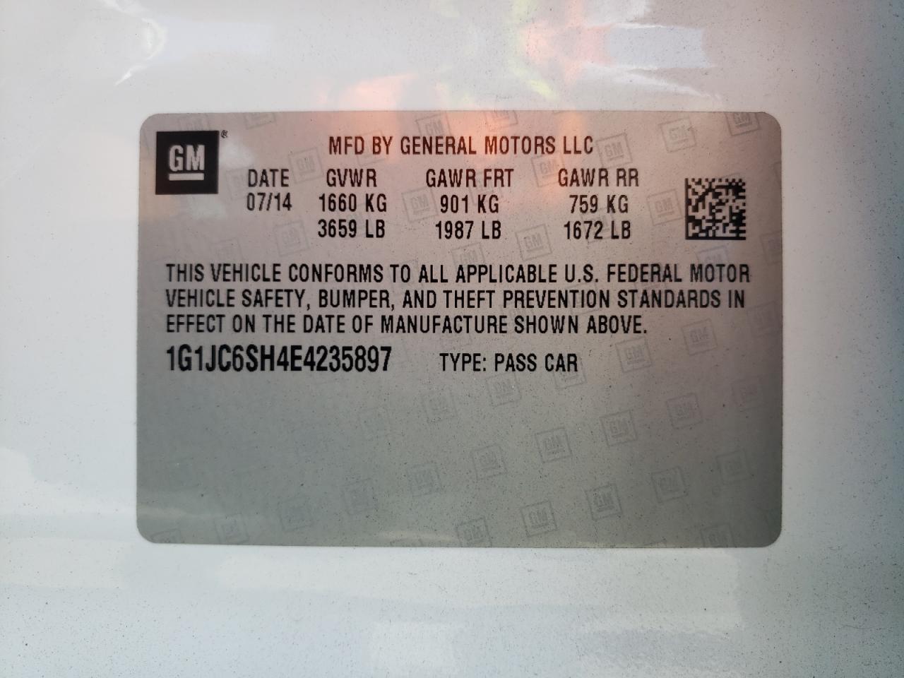 Photo 10 from auction – 2014 CHEVROLET SONIC LT with VIN 1G1JC6SH4E4235897