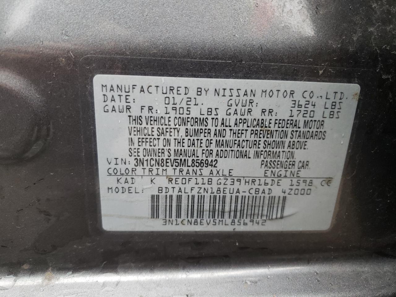 Photo 10 from auction – 2021 NISSAN VERSA SV with VIN 3N1CN8EV5ML856942