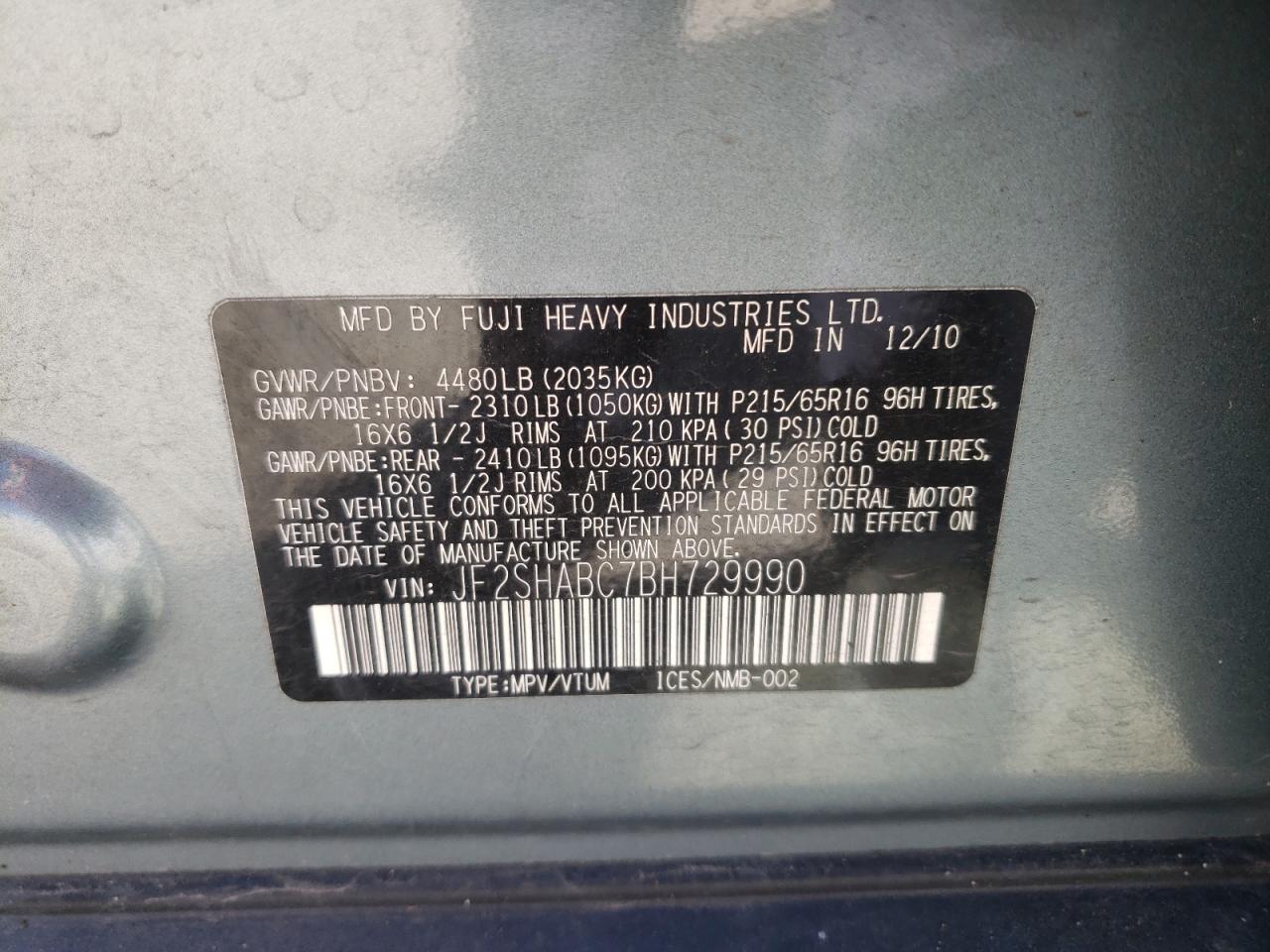 Photo 10 from auction – 2011 SUBARU FORESTER 2 with VIN JF2SHABC7BH729990