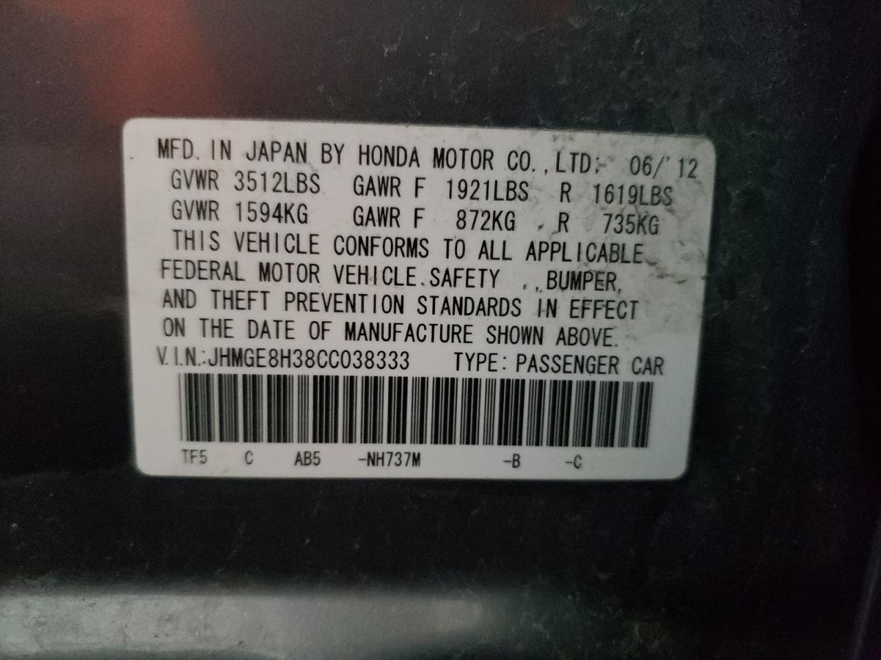 Photo 10 from auction – 2012 HONDA FIT with VIN JHMGE8H38CC038333