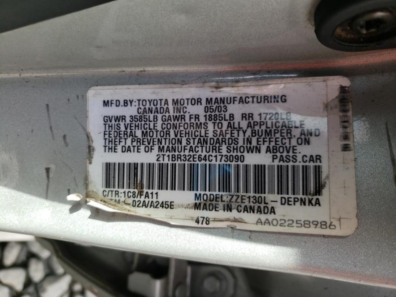 Photo 10 from auction – 2004 TOYOTA COROLLA CE with VIN 2T1BR32E64C173090