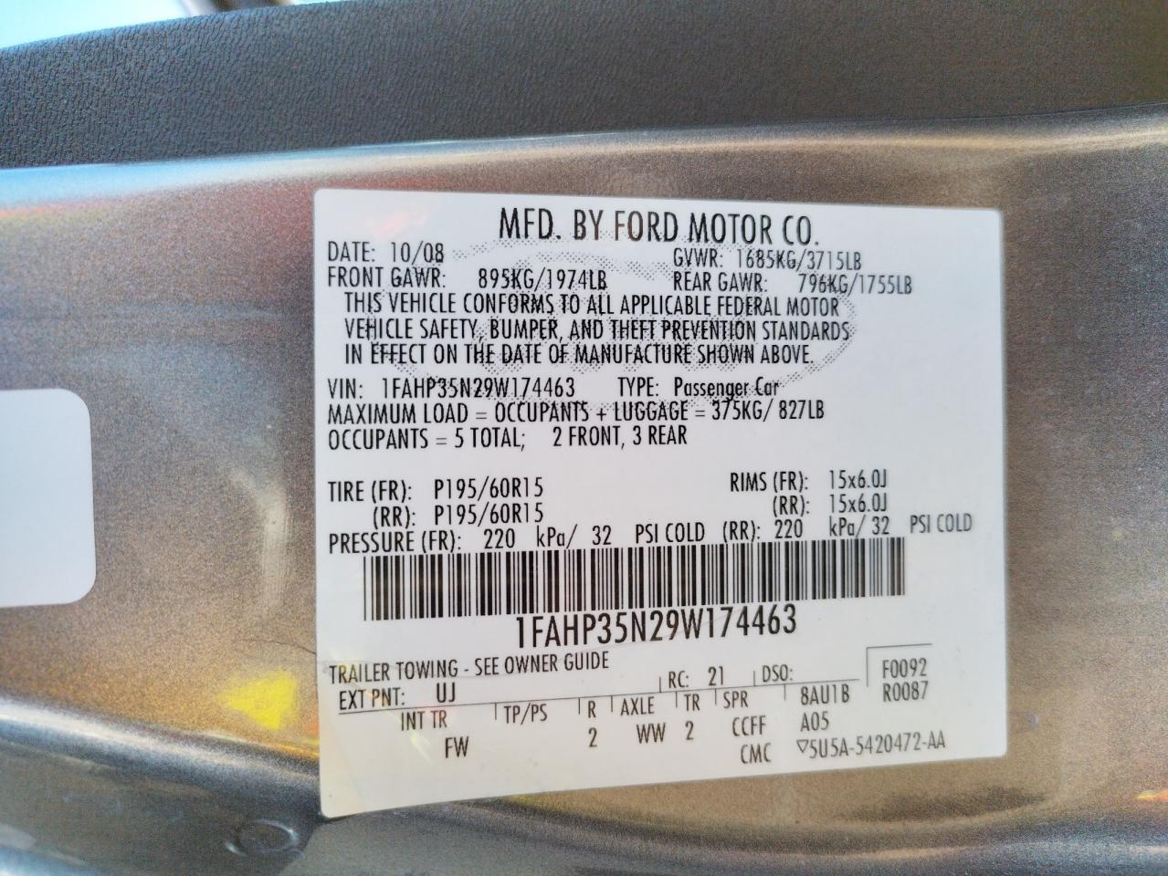 Photo 10 from auction – 2009 FORD FOCUS SE with VIN 1FAHP35N29W174463