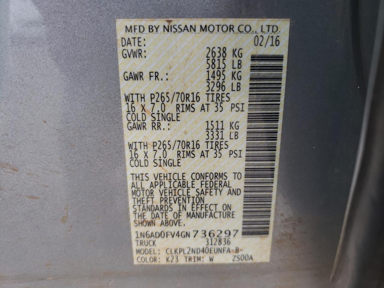 Photo 10 from auction – 2016 NISSAN FRONTIER S with VIN 1N6AD0FV4GN736297