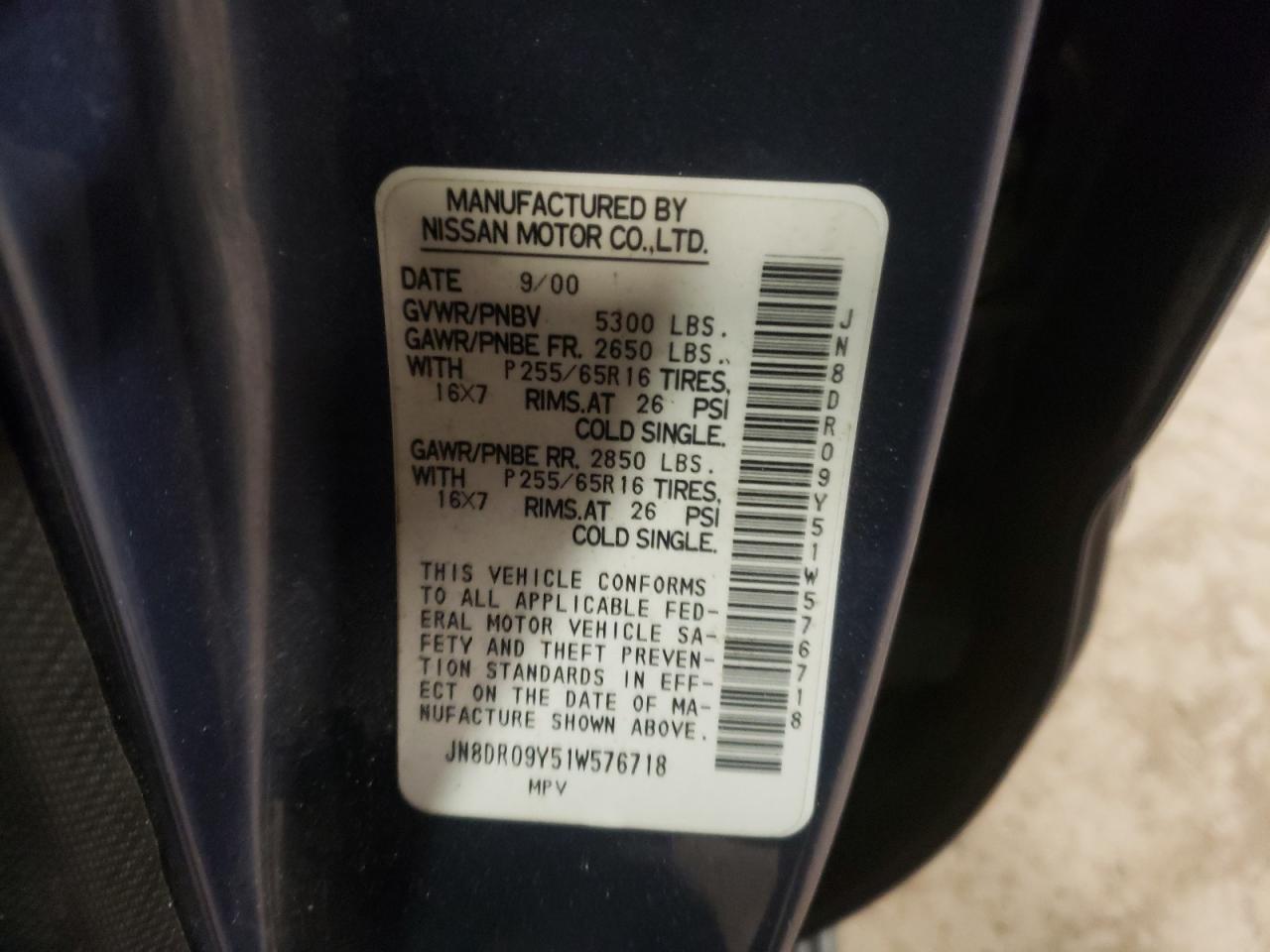 Photo 10 from auction – 2001 NISSAN PATHFINDER with VIN JN8DR09Y51W576718