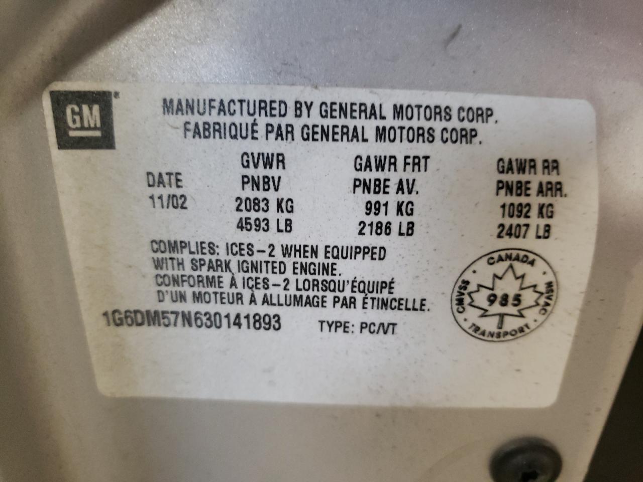 Photo 10 from auction – 2003 CADILLAC CTS with VIN 1G6DM57N630141893