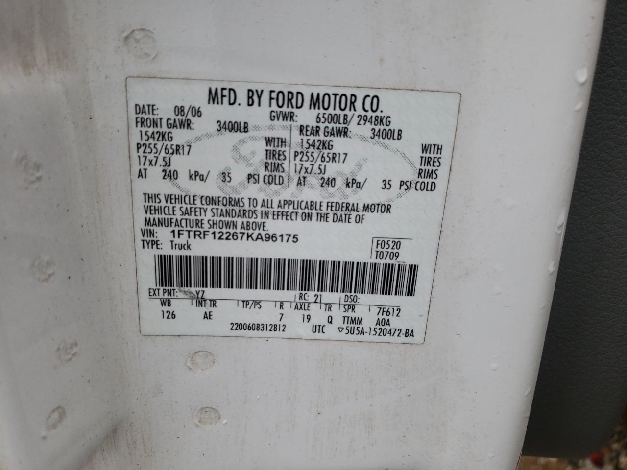 Photo 10 from auction – 2007 FORD F150 with VIN 1FTRF12267KA96175