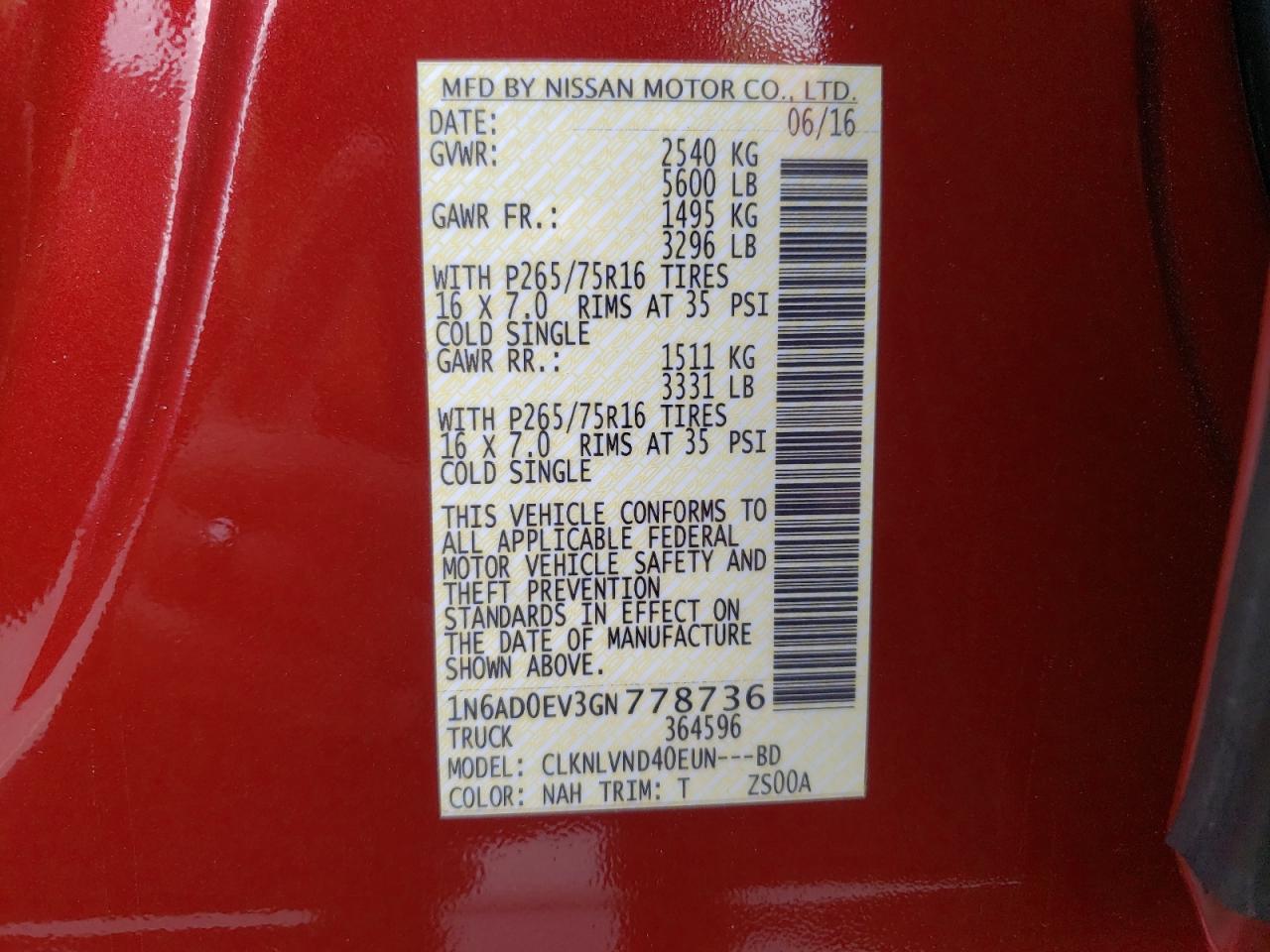 Photo 10 from auction – 2016 NISSAN FRONTIER S with VIN 1N6AD0EV3GN778736