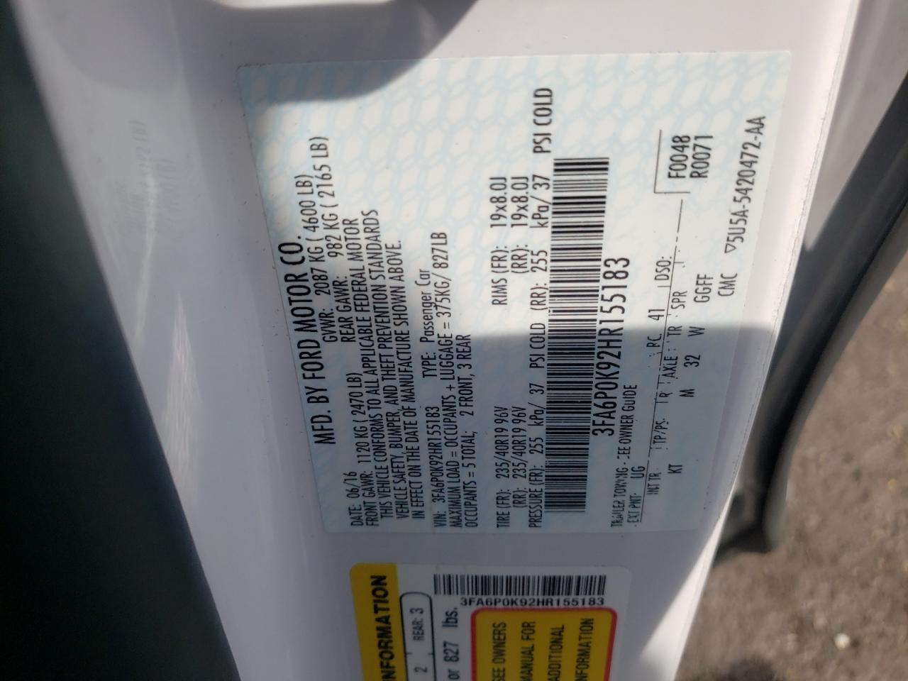 Photo 10 from auction – 2017 FORD FUSION TIT with VIN 3FA6P0K92HR155183