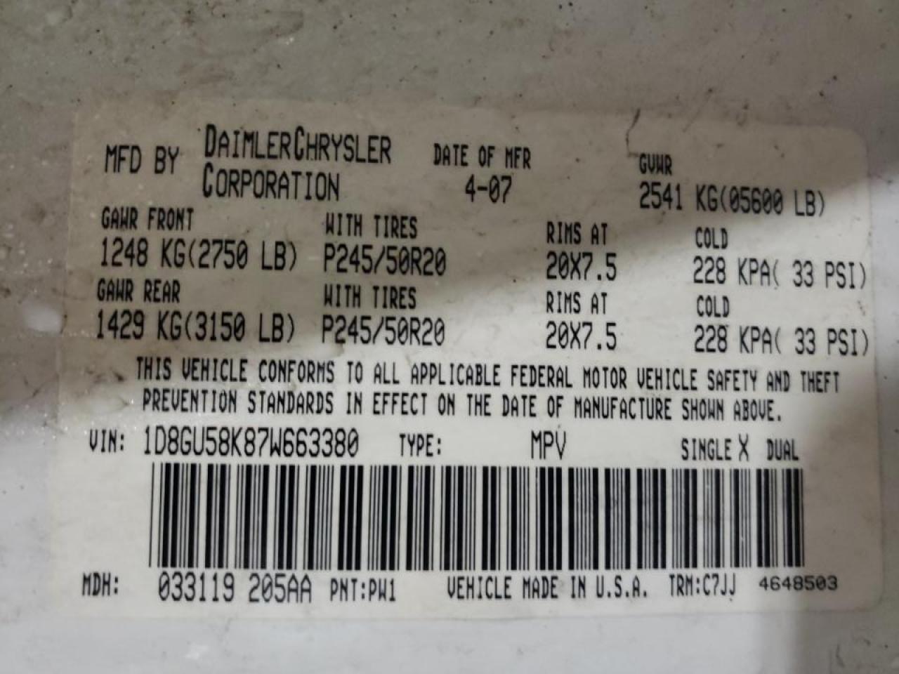 Photo 10 from auction – 2007 DODGE NITRO SLT with VIN 1D8GU58K87W663380